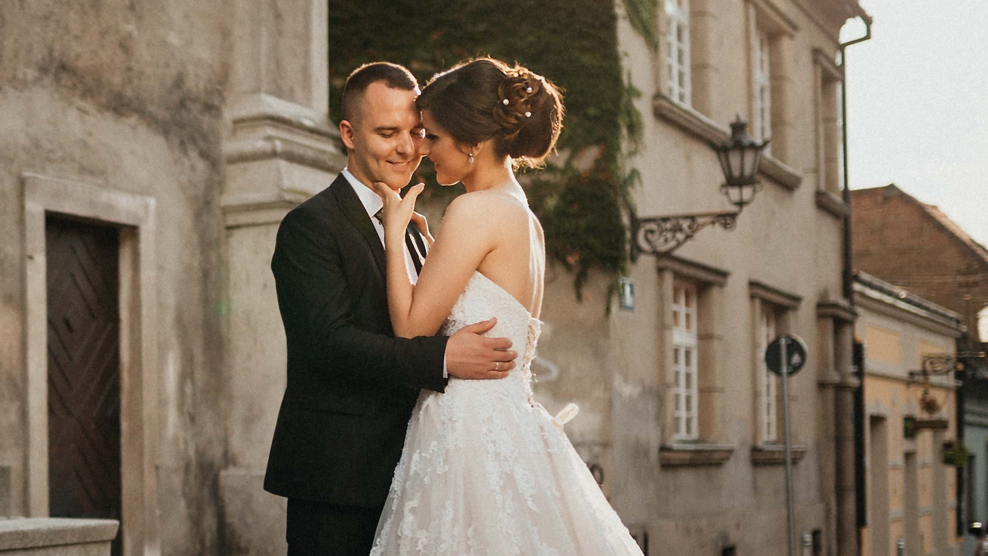 a bride and groom close to each other